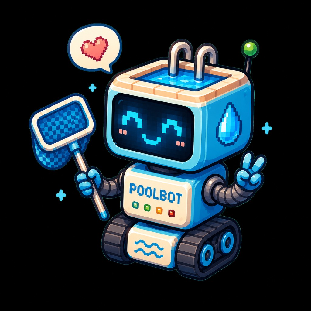 PoolBot waving with a pool on its head